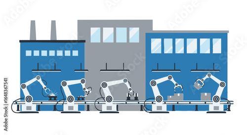 Vector illustration of an automated factory with robotic arms working on a conveyor belt assembly line.