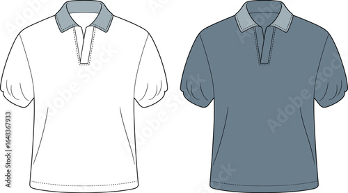 Short sleeve gathered polo shirt fashion flat sketch, front view template, casual apparel design for womenswear clothing mockup, vector illustration
