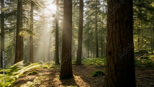 Sunlit Forest Scene with Beams of Light Shining Through Tall Trees