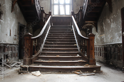 Staircase set against the backdrop of a time-worn and forsaken mansion hall, evoking a chilling atmosphere