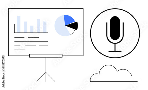 Microphone next to presentation board with bar chart, pie chart, and text. Ideal for communication, podcasting, webinars, online learning, presentations, analytics simple landing page