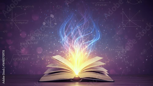Enchanting video animation of an open book emitting swirling glowing wisps, set against a backdrop of mathematical equations on a dreamy purple background.  
