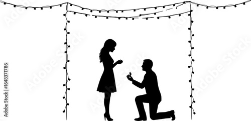 Silhouette of man proposing to woman under star string lights in romantic illustration scene design | editable eps vectors
