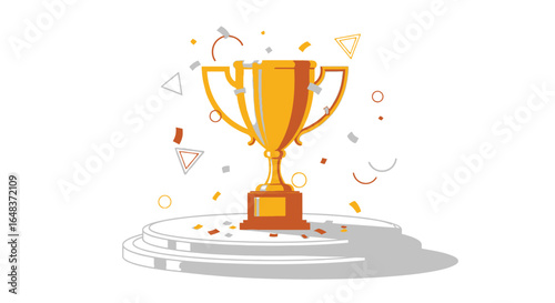 Golden trophy cup on a white podium surrounded by confetti, symbolizing victory and achievement.