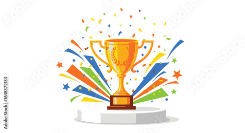 Golden trophy cup on a white pedestal with colorful confetti and streamers celebrating a victory.