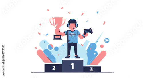 A triumphant gamer stands on a winner's podium, holding a trophy and a game controller amidst falling confetti, showcasing victory in esports.