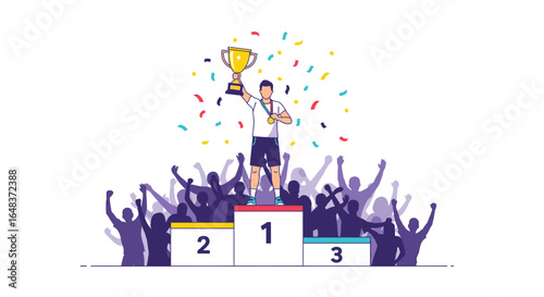Illustrated athlete stands on a podium holding a trophy, celebrating victory amidst a cheering crowd and falling confetti.