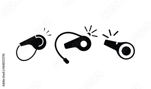 Three black whistles with sound waves isolated on white background