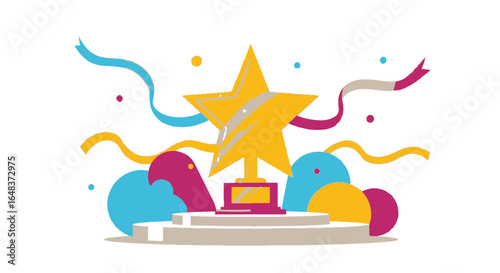 Golden star trophy on a podium surrounded by colorful confetti and ribbons, celebrating achievement and success.