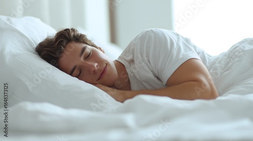 Young man peacefully sleeping on white bed in bright bedroom, enjoying restful sleep and relaxation for health, comfort, and wellness