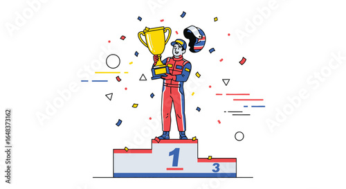 A race car driver stands on the winner's podium holding a gold trophy, celebrating victory with confetti falling around him.