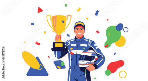 Smiling race car driver in uniform holding a gold trophy with confetti falling around him, celebrating victory.