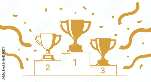 Three gold trophies sit on a podium with numbers 1, 2, and 3, surrounded by confetti and streamers.