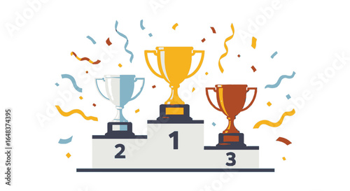 Three trophies on a winners podium, gold for first place, silver for second, bronze for third, with confetti falling.