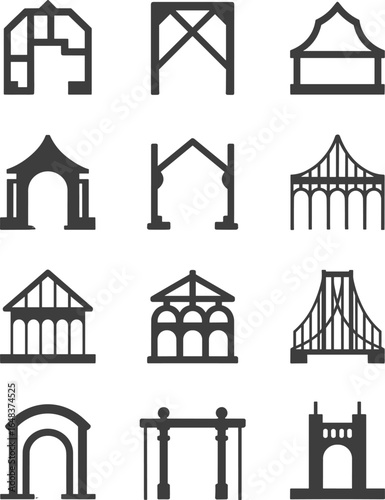 Cad drawing flat vector illustration, architecture structure icon set, bridge arch pavilion gate graphics, building design symbols, construction landmark elements, structural silhouette collection