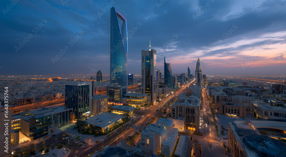 Fototapeta premium During the blue hour, the KAFD buildings in Riyadh, Saudi Arabia, stand out