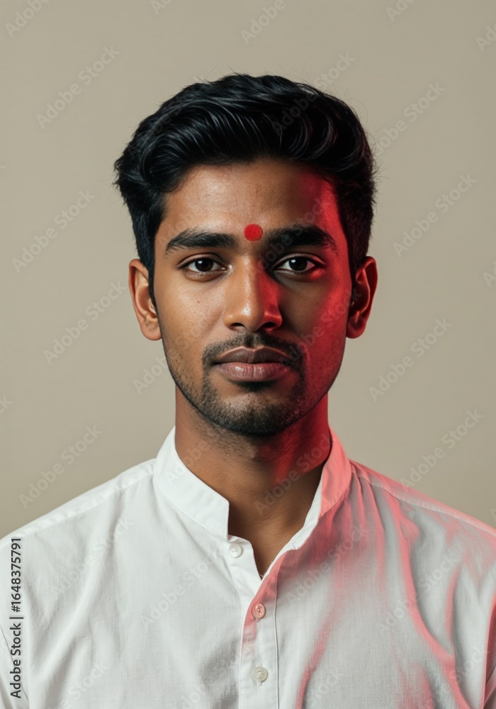 Obraz premium Young indian man with a red bindi on his forehead, wearing a white traditional shirt, studio portrait