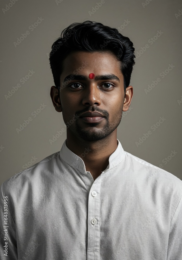 Fototapeta premium Young indian man with a red tilak on his forehead, wearing traditional kurta, studio portrait