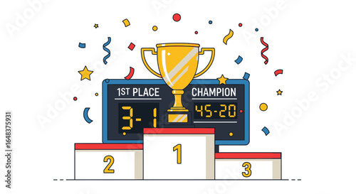 Illustration of a winners' podium with a gold trophy, scoreboard displaying "1st place" and "Champion" with scores, and confetti.