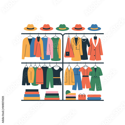 Flat illustration of clothing and accessories on racks and shelves fashion shelf
