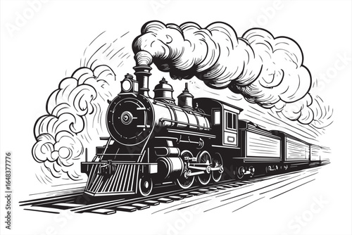 Black and white steam locomotive billowing smoke train engine