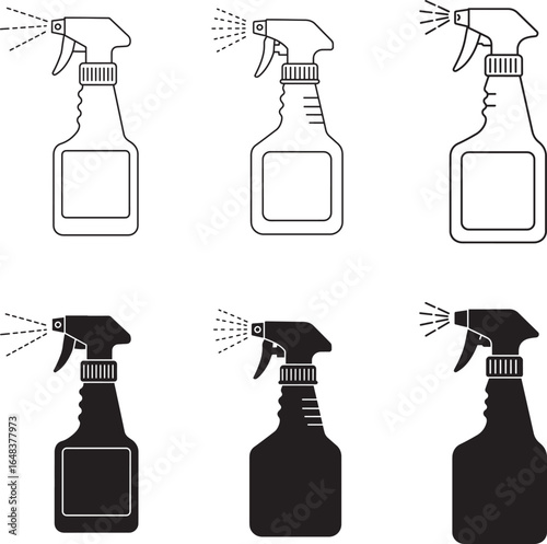 Spray bottle vector icons in black and white for cleaning and sanitizing