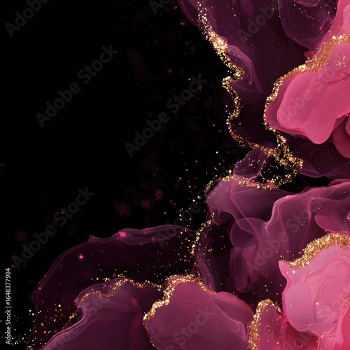 Abstract swirls of pink and gold on black