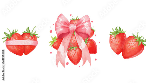 Watercolor strawberry illustration with a pink bow on an isolated transparent background