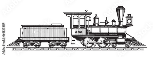 Vintage steam locomotive and tender on tracks train engine