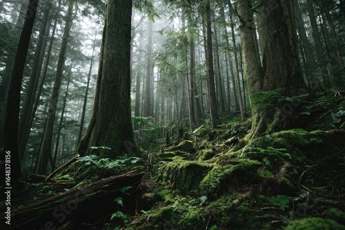 Misty forest floor, tall trees, moss-covered