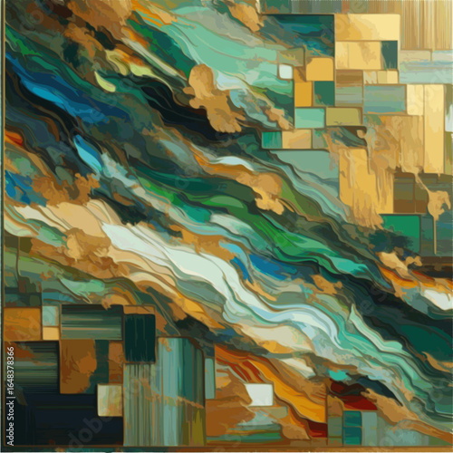"Bold green and gold palette with layered paint texture"

