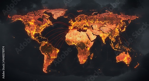 Stylized fiery world map illustration with global connections on dark background