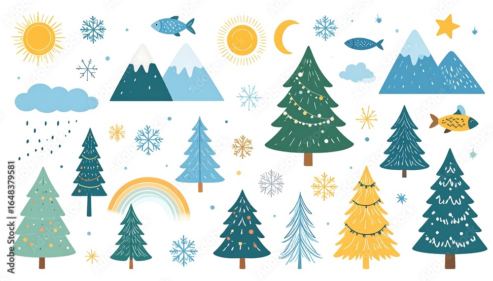 Winter themed vector illustration of trees, mountains, sun, moon and fish Winter themed vector illustration of trees, mountains, sun, moon and fish