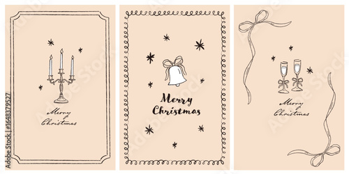 Christmas greeting card design temlpate set, hand drawn illustration of champagne glasses with ribbon, christmas bell, vintage candlestick.