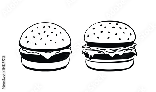 Two hand drawn black and white burgers with sesame seed buns