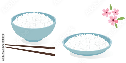 Rice bowl, plate, chopsticks and cherry blossom 
Sakura flower icon signs on white background vector.