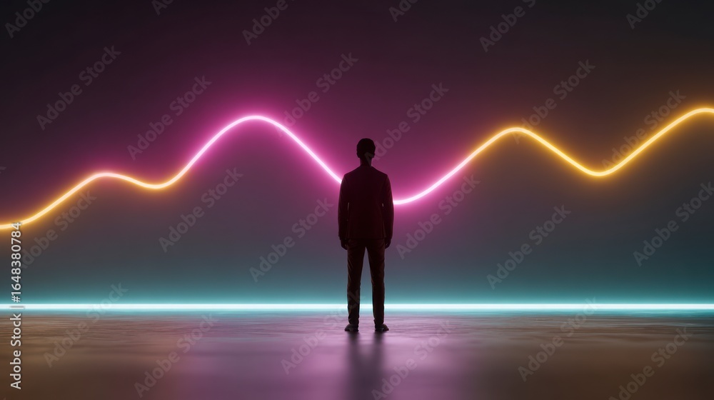 Fototapeta premium A lone businessman stands silhouetted against a glowing wavy line of pink and yellow neon lights