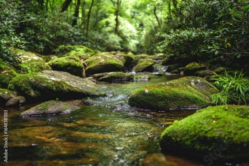 Moss-covered rocks in a shallow, clear stream, surrounded by lush forest