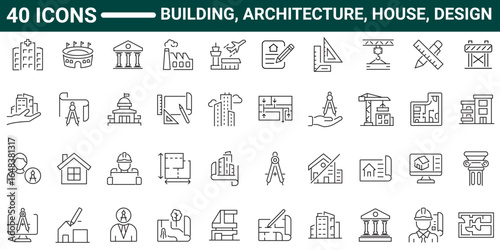 building, architecture, house, design outline style icon set with editable stroke. Vector Illustration 