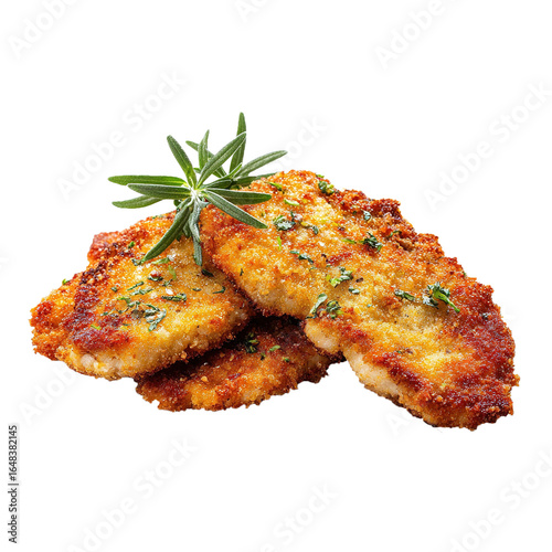 Breaded chicken cutlet, isolated on white background.