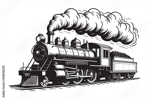 Vintage steam locomotive billowing smoke and carrying coal train engine