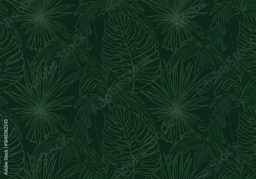 Elegant line drawing of tropical jungle leaves on a dark green background, a seamless exotic foliage pattern.