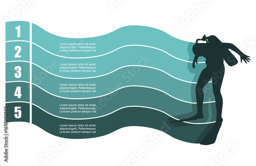 Silhouette of diver with five features or option of project to select. Minimal infographic illustration for sport and leisure activity information visualization.