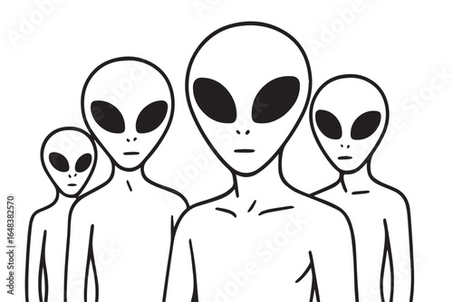 A minimalist vector illustration of four aliens, drawn in black and white, outlined in bold black, creating a clean, simple, and modern extraterrestrial character design.
