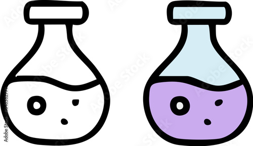 Two Laboratory Flasks with Chemical Liquids.