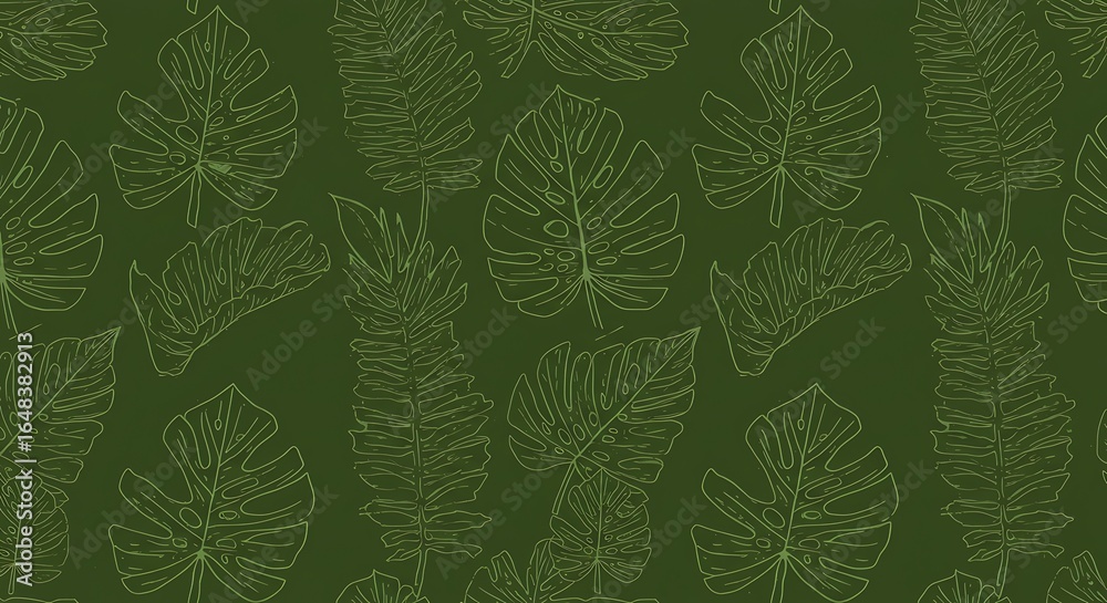 Fototapeta premium Seamless botanical pattern featuring elegant tropical leaves on a rich green background, creating a serene and captivating Image_fx (13).jpg for diverse design projects.