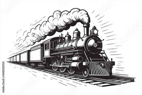 Vintage steam locomotive billowing smoke across the tracks train engine