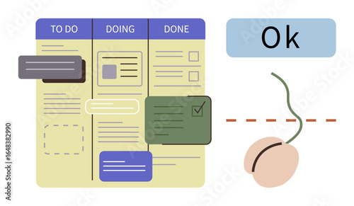 Kanban board with To Do, Doing, and Done columns, task cards, checkbox, cursor, and Ok button. Ideal for organization, productivity planning team collaboration time management workflow