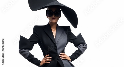  avant-garde Fashion Statement: A striking model embodies bold avant-garde fashion, showcasing an exaggerated hat, sharp sunglasses, and a sculpted two-tone blazer.