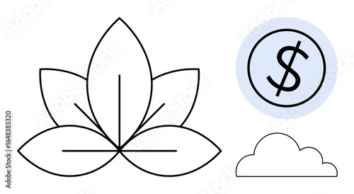 Outlined lotus, dollar sign in a circle, and cloud represent finance, sustainability, mindfulness, and environment. Ideal for wellness, business, nature conservation personal growth eco-business